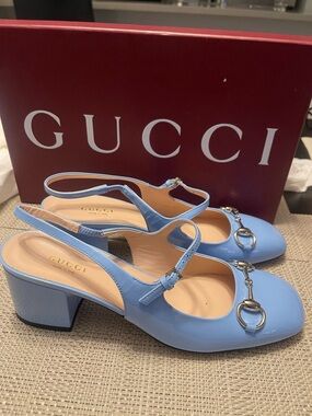 Gucci Light Blue Patent Leather Horsebit Slingback Heels